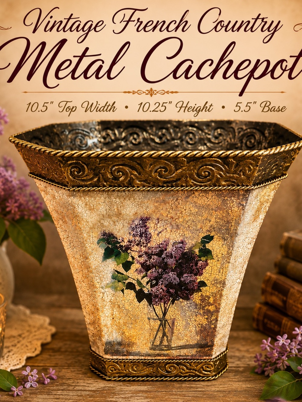 Vintage French Country Gold Metal Cachepot with Purple Floral Motif